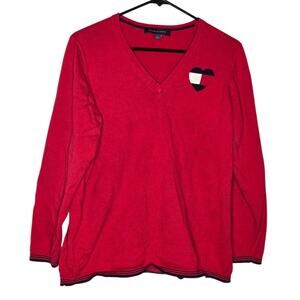 Tommy Hilfiger Red Long Sleeve Heart Logo V-neck Knit Top Women's 0X